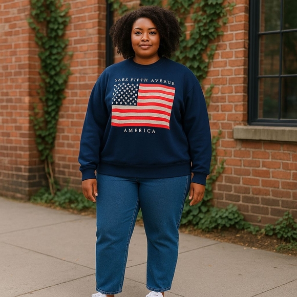 Saks Fifth Avenue Navy Sweatshirt with American Flag‎